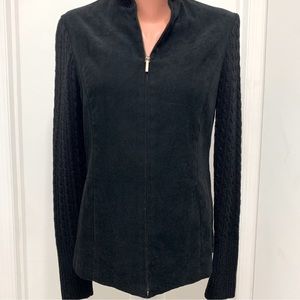 Talbots Black Stretch Suede Zip Knit Sleeve Jacket 4